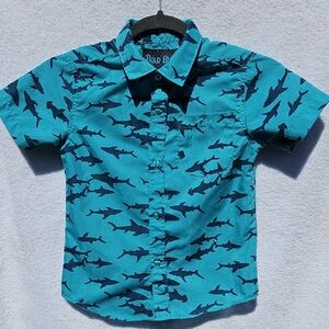 Bold Blue Teal Kids Shark Print Shirt Size 5